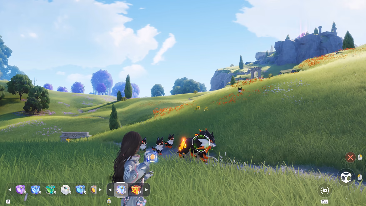 Pathfinder travelling through an open field with a small Aniimo team