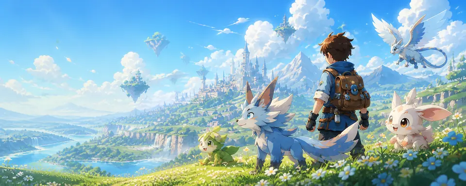 An explorer and fantasy companions overlooking the world of Aniimo
